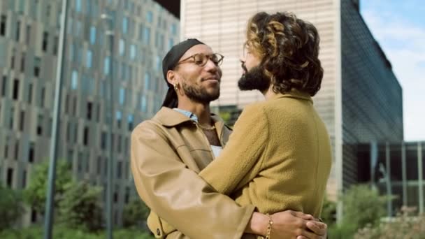 Çok Irklı Eşcinsel Bir Çiftin Şehir Manzarasının Ortasında Kucaklaşırken Konuştuğu — Stok video
