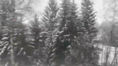 Bir tren penceresinden geçen karlı manzaranın yatay videosu