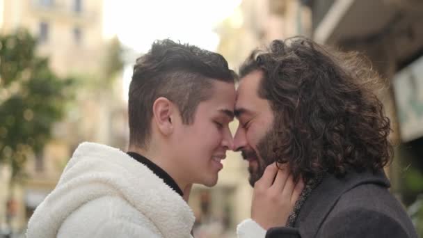 スローモーションビデオのAロマンチックなシーンのゲイカップルへキス摩擦お互い鼻でザ通り — ストック動画