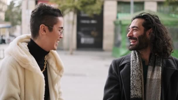 Slow Motion Video Two Stylish Gay Man Laughing Talking Street — стоковое видео