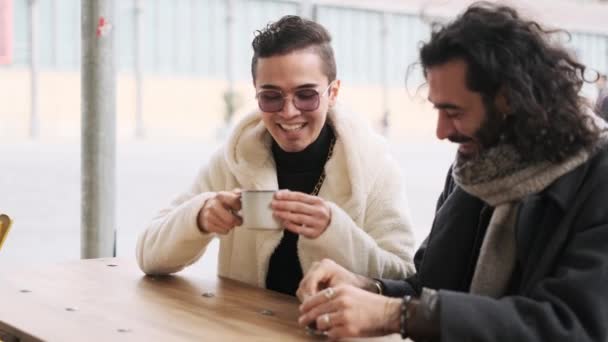 Slow Motion Video Happy Gay Couple Chatting Drinking Coffee Cafeteria — 비디오