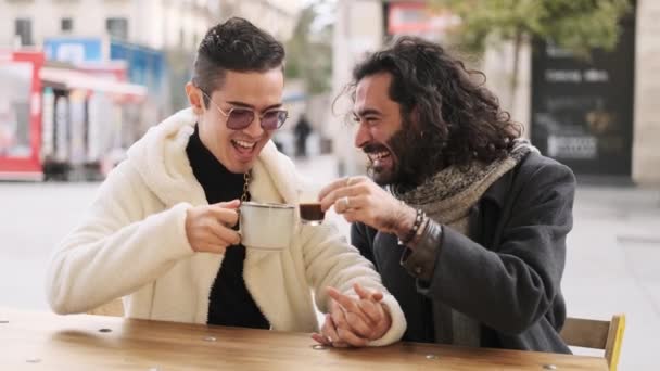 Slow Motion Video Happy Gay Couple Toasting Coffee Terrace Cafeteria — 비디오