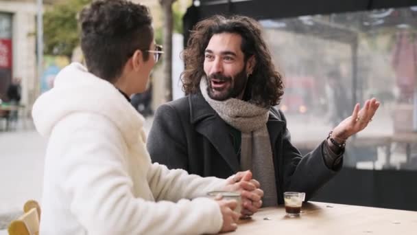Slow Motion Video Happy Gay Couple Talking Drinking Coffee Terrace — 비디오