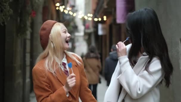 Slow Motion Video Stylish Happy Lesbian Couple Walking City Street — Video