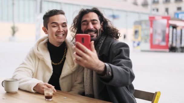 Slow Motion Video Cool Happy Gay Couple Taking Selfie While — 비디오