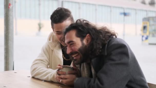 Slow Motion Video Tender Gay Couple Sharing Coffee Together Cafeteria — Stockvideo