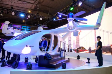 Barcelona, Spain - 27 Feb 2023 - Mobile World Congress 2023 - air taxi at SK Telecom booth
