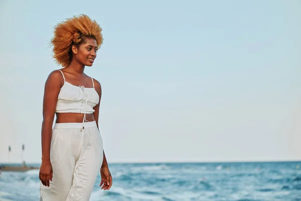 Portret Przestrzenią Kopiującą Afro Pięknej Kobiety Spacerującej Plaży Wietrzny Dzień — Zdjęcie stockowe