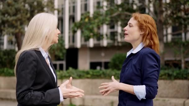 Filmik Dwoma Mówiącymi Bizneswoman Potem Uścisk Dłoni Zewnątrz — Wideo stockowe