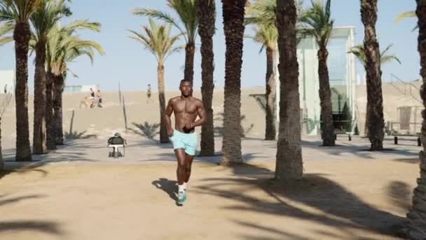 Zpomalené Video Afrického Fit Muže Běžícího Parku — Stock video