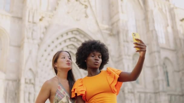 Nagranie Dwóch Wieloetnicznych Młodych Turystów Robiących Selfie Przy Wejściu Katedry — Wideo stockowe