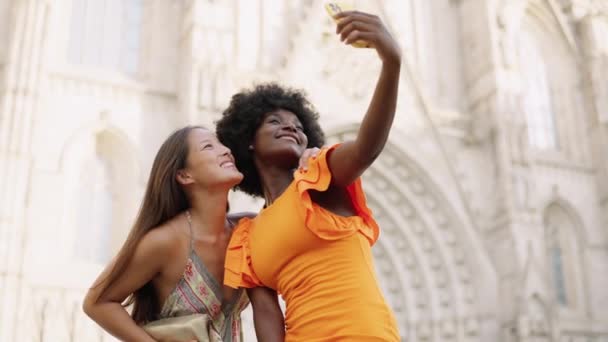 Video Ung Multietnisk Turist Som Tar Selfie När Besöker Katedralen — Stockvideo