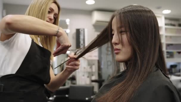 Lassú Mozgás Videó Egy Kaukázusi Fodrász Vágja Haját Egy Szépség — Stock videók