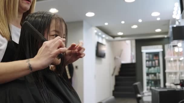 Kafkasyalı Önlüklü Bir Kuaförün Kuaförde Saçını Kesmeden Önce Çinli Bir — Stok video