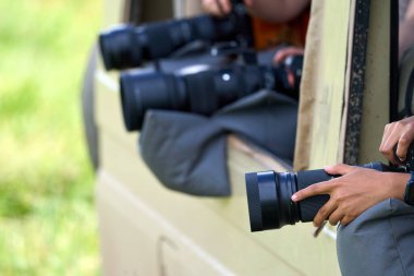 Bir grup turist safaride bir arabadan fotoğraf çekiyor.