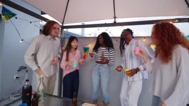 Canlı bir çatı partisinde içkinin ve kahkahanın tadını çıkaran beş arkadaş, bir yaz akşamında birlikteliğimizi kutluyorlar.