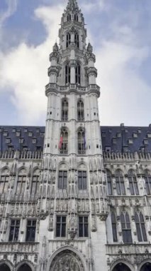Leuven şehir salonları karmaşık gotik mimari bulutlu bir gökyüzüne karşı dimdik duruyor zengin tarihini ve süslü detaylarını gözler önüne seriyor.