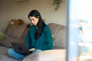 Ev ofisinden uzaktan çalışan serbest çalışan, dizüstü bilgisayar kullanan, arka plandaki kanepede huzur içinde uyuyan kızıl kedili bir adam.