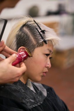 Kısa boylu, kısmen ağarmış saçlı, klipsli genç bir kadın modelin saçını kesmek için elektrikli jilet kullanan kuaför.