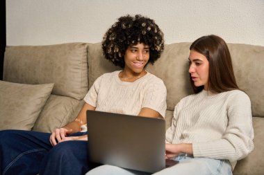 İki kız öğrenci bir dizüstü bilgisayar kullanarak bir projede işbirliği yapıyor, koltukta rahatça oturuyor ve işlerini tartışıyorlar.