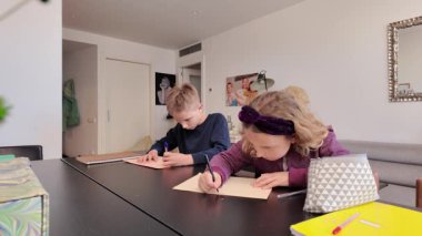 Erkek ve kız kardeşler modern evlerindeki masada çizim ve yazma üzerine yoğunlaşıyorlar.