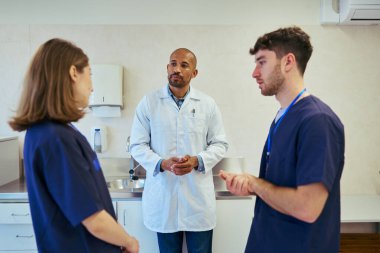 Doktor ve hemşireler bir hasta tedavi planı hakkında konuşuyorlar, sağlık hizmetlerinde işbirliği ve uzmanlığı vurguluyorlar.