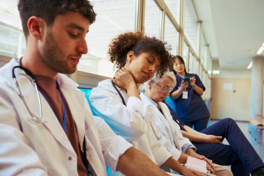 Bir hastane koridorunda mola veren yorgun tıp uzmanları, sağlık hizmetlerinin gerekliliğini vurguluyorlar.