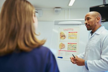 Hastane odasında tıbbi illüstrasyon kullanan bir hemşireye meme iltihabını açıklayan doktor, sağlık ve takım çalışmasına odaklanıyor.