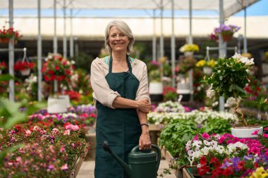 Kendine güvenen kıdemli kadın bahçıvan canlı bir serada çalışıyor. Elinde renkli çiçekler ve bitkiler arasında bir su kovası tutarken gülümsüyor.