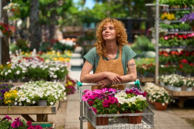 Bahçenin ortasında çiçeklerle dolu bir arabayı iten bir çiçekçi. Renkli bitkilerle çevrili eserinin güzelliğinin tadını çıkarıyor.