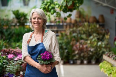 Mutlu bir kadın bahçıvanın portresi. Önlüklü, saksı çiçekli serada dururken.