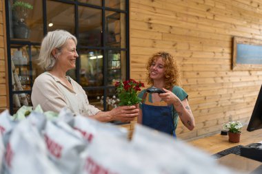 Çiçekçi, çiçekçide üst düzey bir müşteri tarafından tutulan kırmızı çiçekleri tarıyor. Küçük işletme ve perakende konsepti.