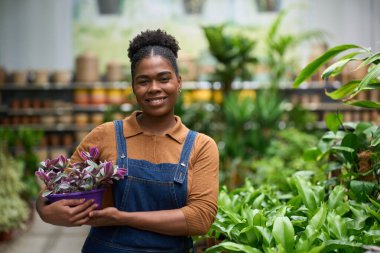 Mutlu Afro-Amerikan bahçıvanı elinde saksı bitkisi, bahçenin ortasında gülümsüyor, yemyeşil.