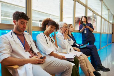 Yorgun doktorlar ve hemşireler hastane koridorunda oturup esniyorlar, akıllı telefonlar kullanıyorlar ve sonraki vardiyalarını ya da görevlerini bekliyorlar.