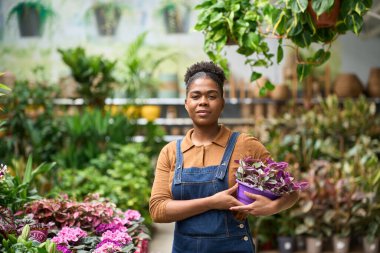 Genç bir girişimci, elinde yeşilliklerle çevrili bir saksı bitkisi tutarak bitki yetiştirme merkezini yönetiyor.