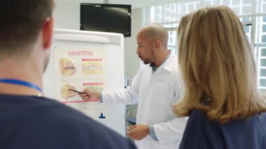 Klinik öğrenme ortamında görsel sunum kullanarak hemşire kadrosuna meme iltihabı tıbbi durumu gösteren profesyonel sağlık uzmanı