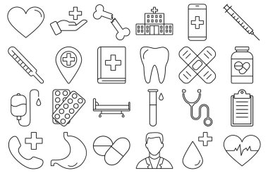 Tıp ve Sağlık Sembolleri - minimal ince çizgi ağ simgesi seti. Taslak simge koleksiyonu. Basit vektör çizimi. Vektör illüstrasyonu
