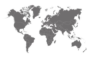 Beyaz arka planda dünya haritası. Dünya haritasında kıtalar, Kuzey ve Güney Amerika, Avrupa ve Asya, Afrika ve Avustralya yer almaktadır. Vektör illüstrasyonu