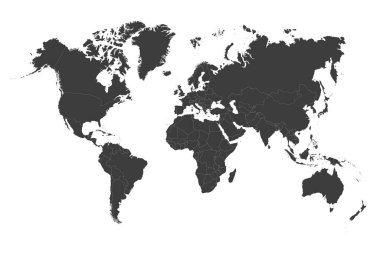 Beyaz arka planda dünya haritası. Dünya haritasında kıtalar, Kuzey ve Güney Amerika, Avrupa ve Asya, Afrika ve Avustralya yer almaktadır. Vektör illüstrasyonu