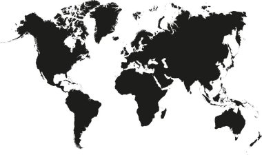Beyaz arka planda dünya haritası. Dünya haritasında kıtalar, Kuzey ve Güney Amerika, Avrupa ve Asya, Afrika ve Avustralya yer almaktadır. Vektör illüstrasyonu