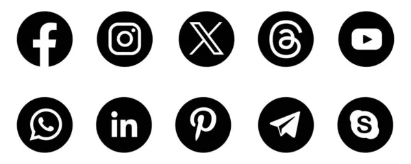 Sosyal medya ikonu 2024. X, Threads, Facebook, Instagram, YouTube, LinkedIn, Pinterest, WhatsApp, Telegram. Vektör illüstrasyonu
