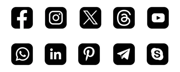 社交媒体图标2024 Threads Facebook Instagram Youtube Linkedin Pinterest Whatsapp Telegram 矢量说明 — 图库矢量图片#