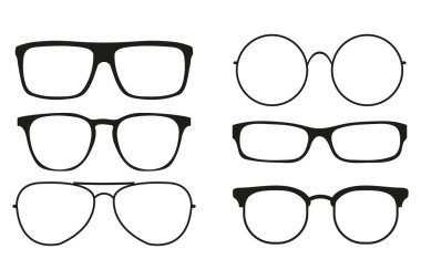 Gözlük silueti. Güneş gözlüğü hippi çerçeve seti, siyah plastik jantlar, inek tarzı yuvarlak inek gözlükleri..