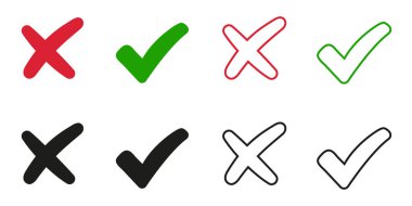 Yeşil onay işareti ve kırmızı haç simgesi. Basit simgelerin düz biçimli simgeleri