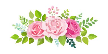 Çiçek dalı seti. Çiçek pembe gül, yeşil yapraklar. Çiçekli düğün konsepti. Çiçek posteri, davet. Tebrik kartı veya davet için vektör düzenlemeleri