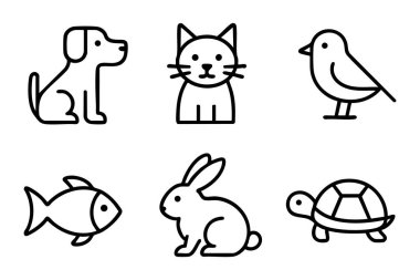 Çiftlik hayvanları ana hatları - inek, domuz, koyun, keçi, at, tavuk, ördek, tavşan, hindi, köpek, kedi, arı