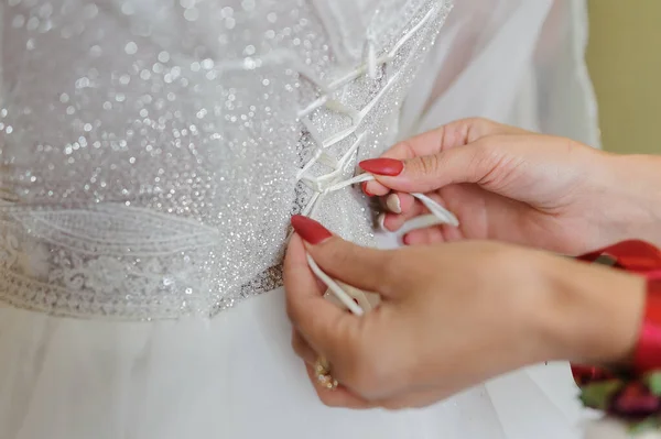 Bridesmaids Tie Bow Wedding Dress Morning Bride — Stock Photo, Image