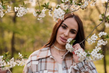 Ekoseli bir kız çiçek açan bir ağacın yanında duruyor. Güzel bir kadının portresi.