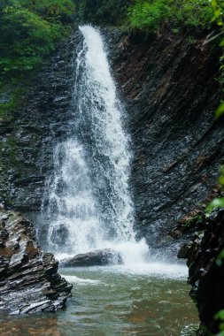 Dağ şelalesi, büyük şelale akıntısı, kayanın yanındaki dağ nehri. Huk Şelalesi, Ukrayna Karpatları