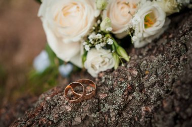 Kahverengi arka planda iki altın alyans.